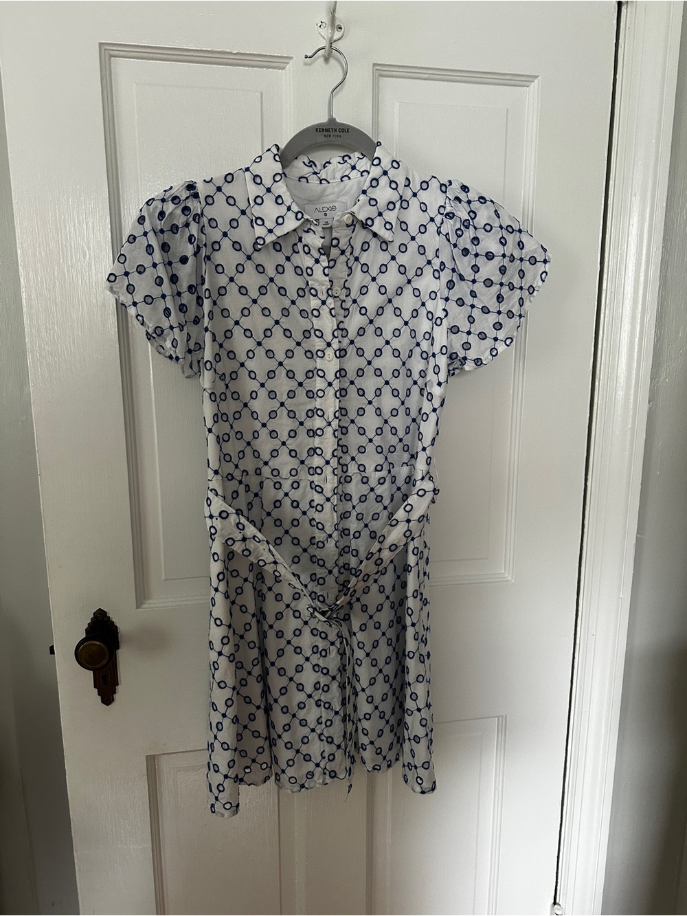 ALEXIS White & Blue Embroidered Puff Sleeve Shirt Dress
